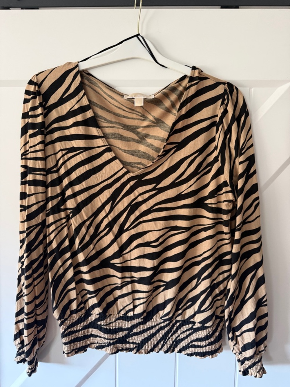 Michael Kors Tan and Black Zebra-Print V-Neck Blouse